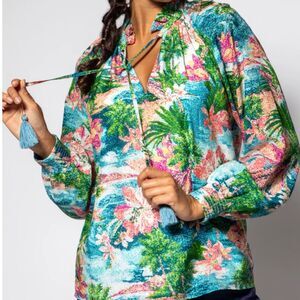 Tori Richards Blouse Large Nala Point of View Tropical Hawaiian Silk Blend $168